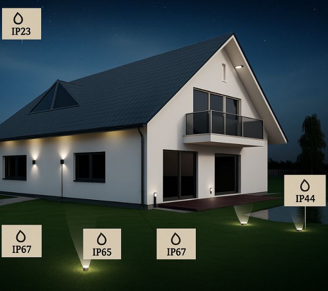 Een villa met daarbij iconen om de juiste Ip waarde te kiezen bij led verlichting