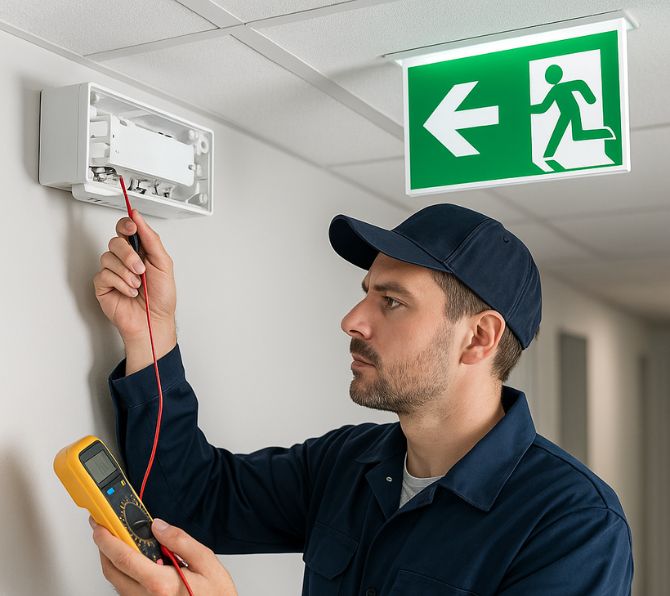 Monteur bezig met een onderhoudsplan van nood- en vluchtwegverlichting