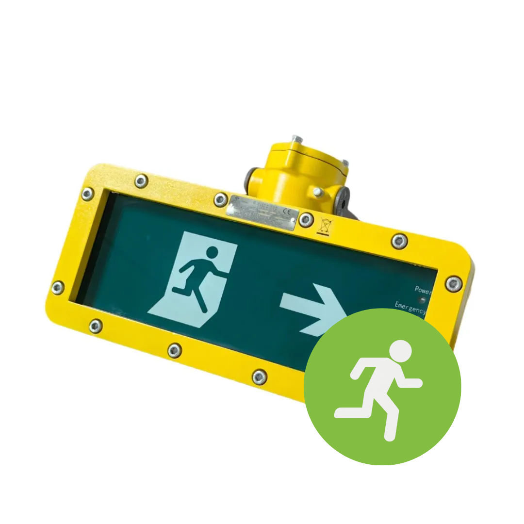 ATEX noodverlichting geel behuizing met groene vluchtwegpictogram rechtsaf