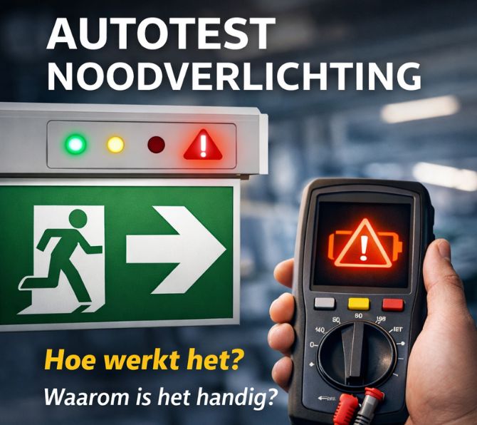 Autotest noodverlichting met groene uitgangspijl en handmeter met waarschuwingssymbool