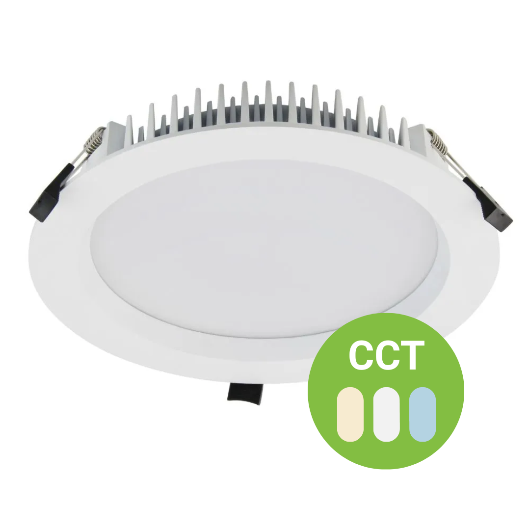 Witte ronde downlight met instelbare kleurtemperatuur en aluminium koelribben
