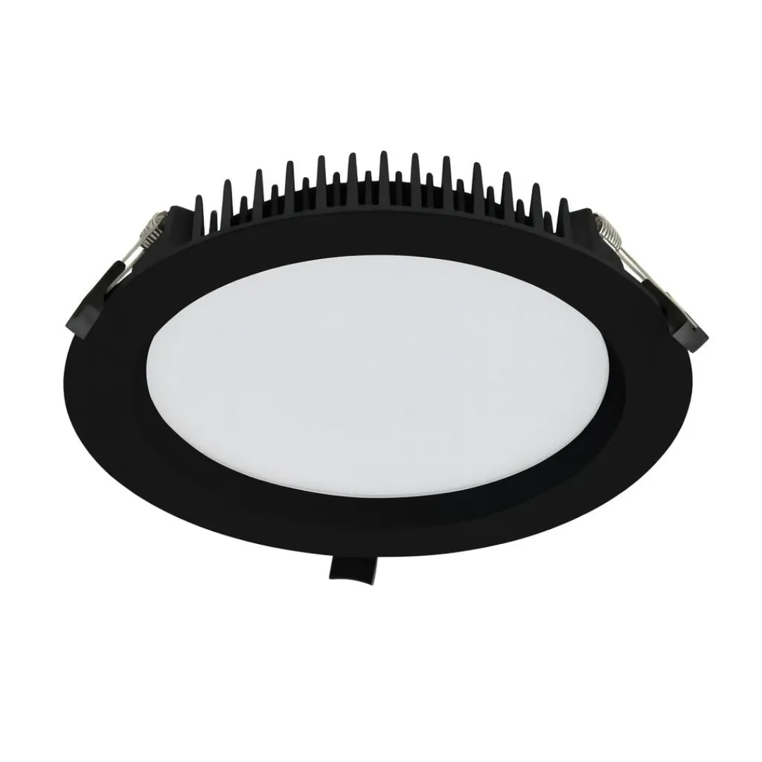 Zwarte ronde downlight met matte afwerking en metalen klemmen