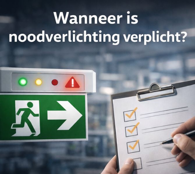 Groene nooduitgangverlichting met controlelampjes naast checklist in bedrijfsomgeving